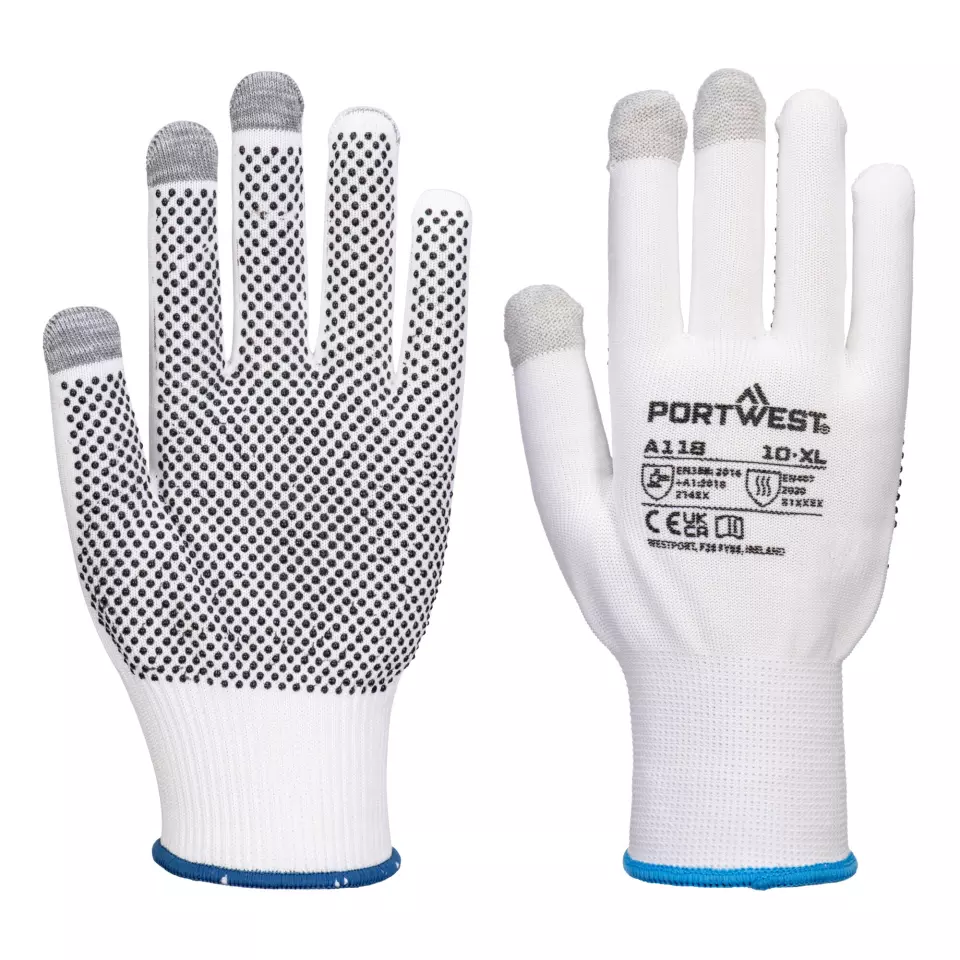 Portwest A118W7R, Grip 13 PVC Dotted Touchscreen Glove, White/Grey, image 3, gallery thumbnail