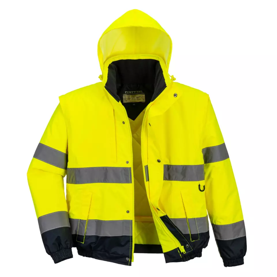 Portwest C468YER, Hi-Vis 2-in-1 Contrast Bomber Jacket, Yellow, image 4, gallery thumbnail