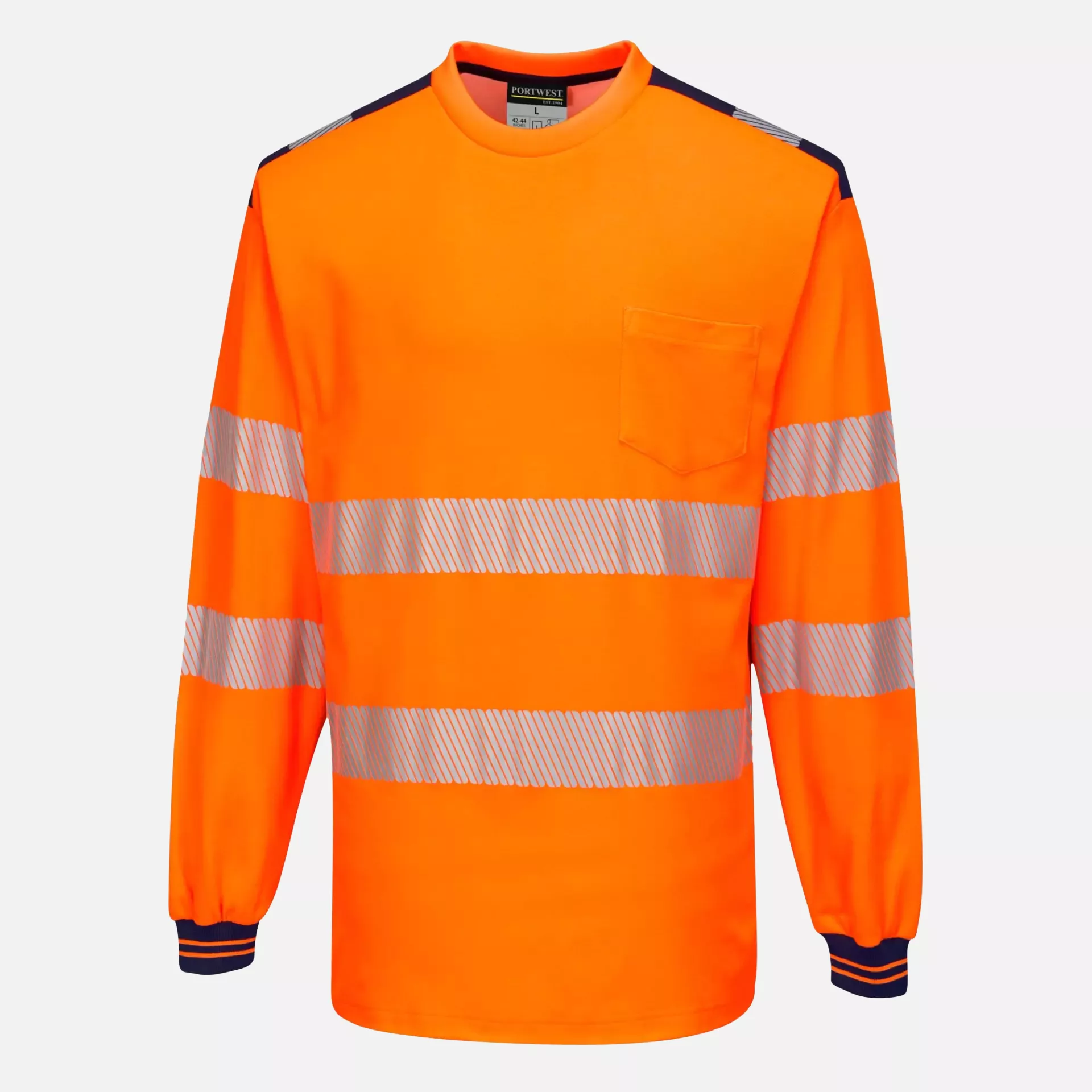 Portwest T185ONR, PW3 Hi-Vis Cotton Comfort T-Shirt L/S, Orange/Navy, image 1