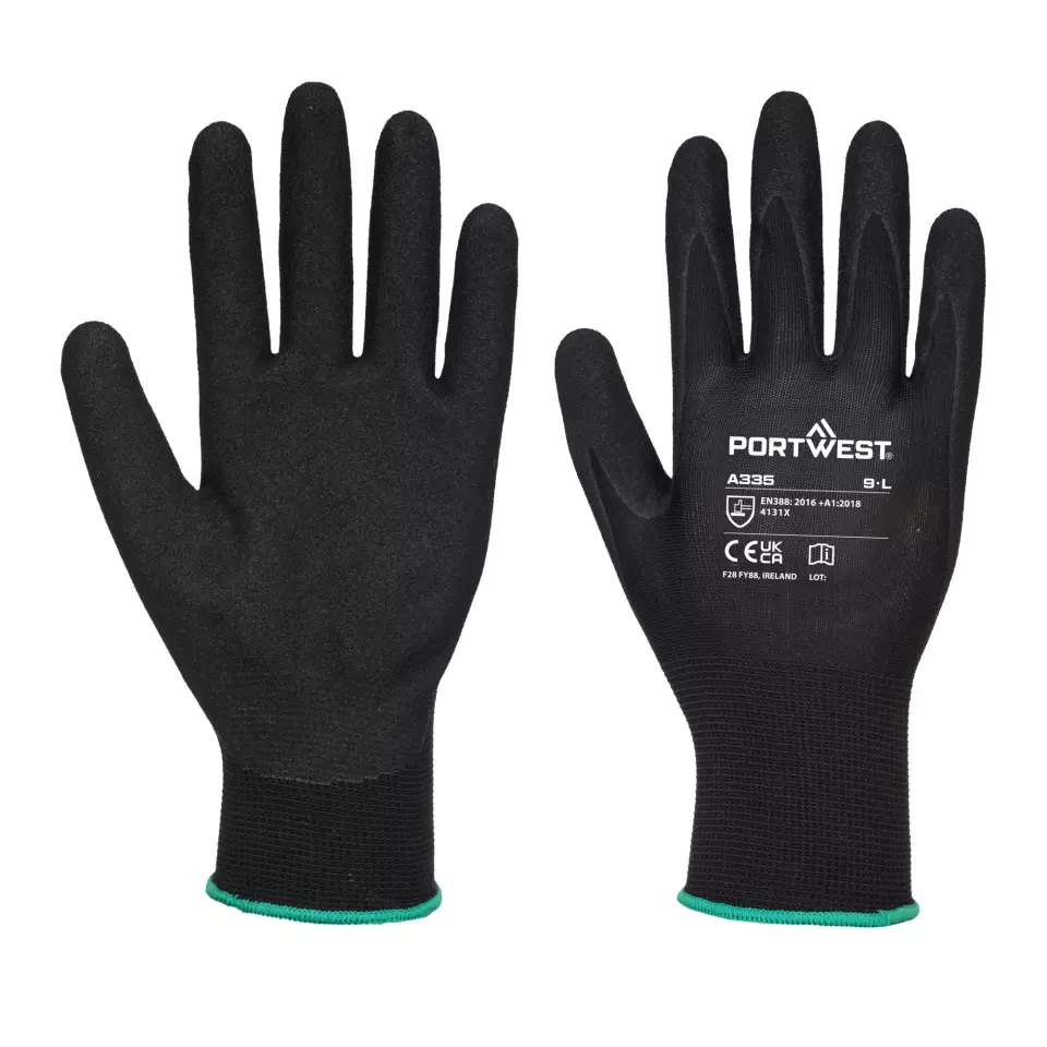 Portwest A335K8R, Dermi-Grip NPR15 Nitrile Sandy Glove, Black, image 3, gallery thumbnail