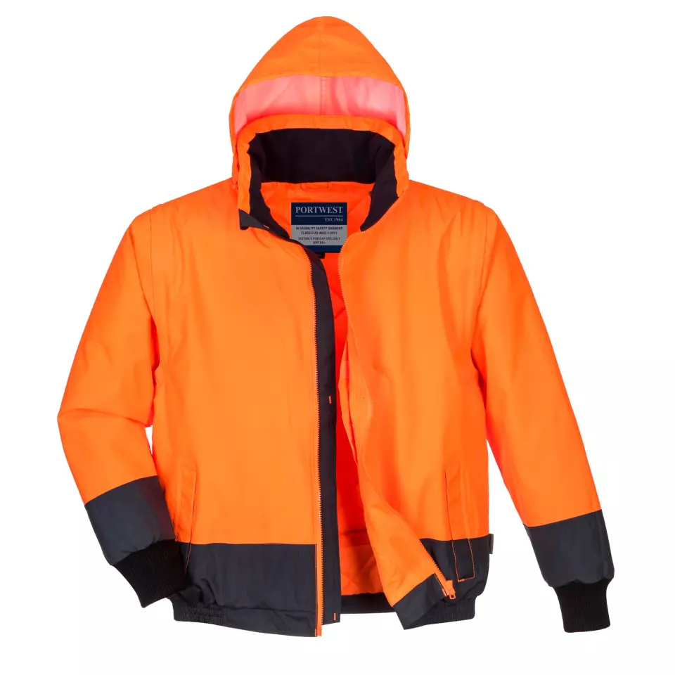 Portwest C464ONR, Hi-Vis 2-in-1 Contrast Essential Lite Bomber Jacket, Orange/Navy, image 2, gallery thumbnail