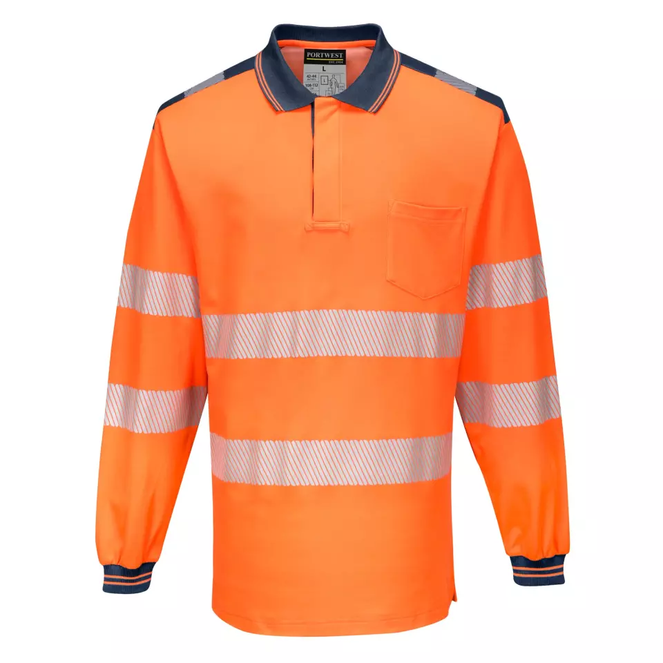 Portwest T184ONR, PW3 Hi-Vis Cotton Comfort Langarm-Poloshirt, Orange/Marine