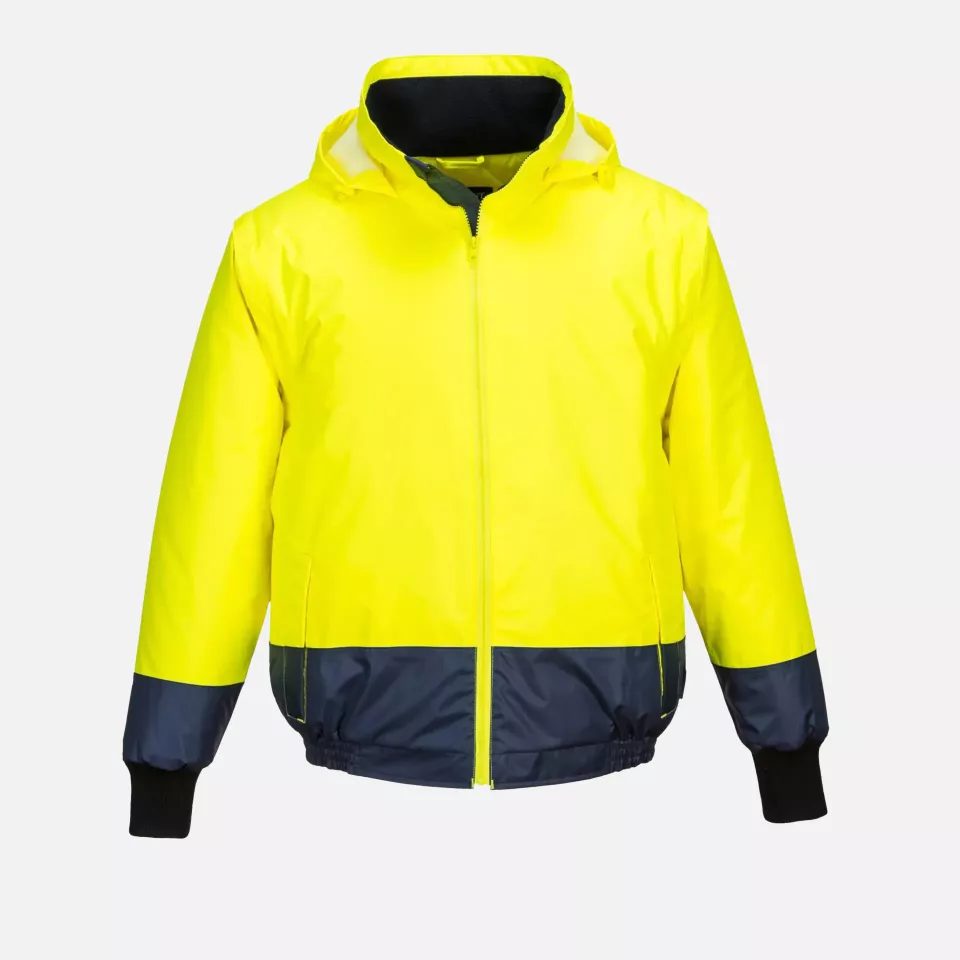 Portwest C464YNR, Hi-Vis 2-in-1 Contrast Essential Lite Bomber Jacket, Yellow/Navy, image 2, gallery thumbnail