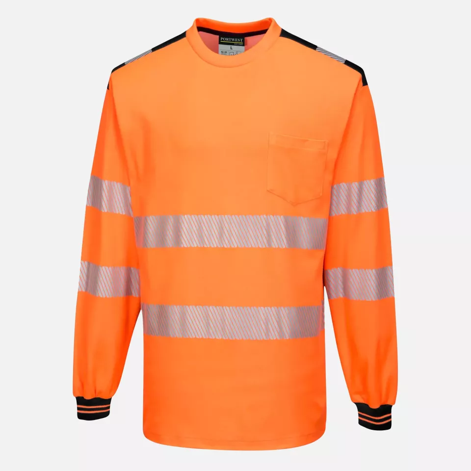 Portwest T185OBR, PW3 Hi-Vis Cotton Comfort T-Shirt L/S, Orange/Black, image 1, gallery thumbnail