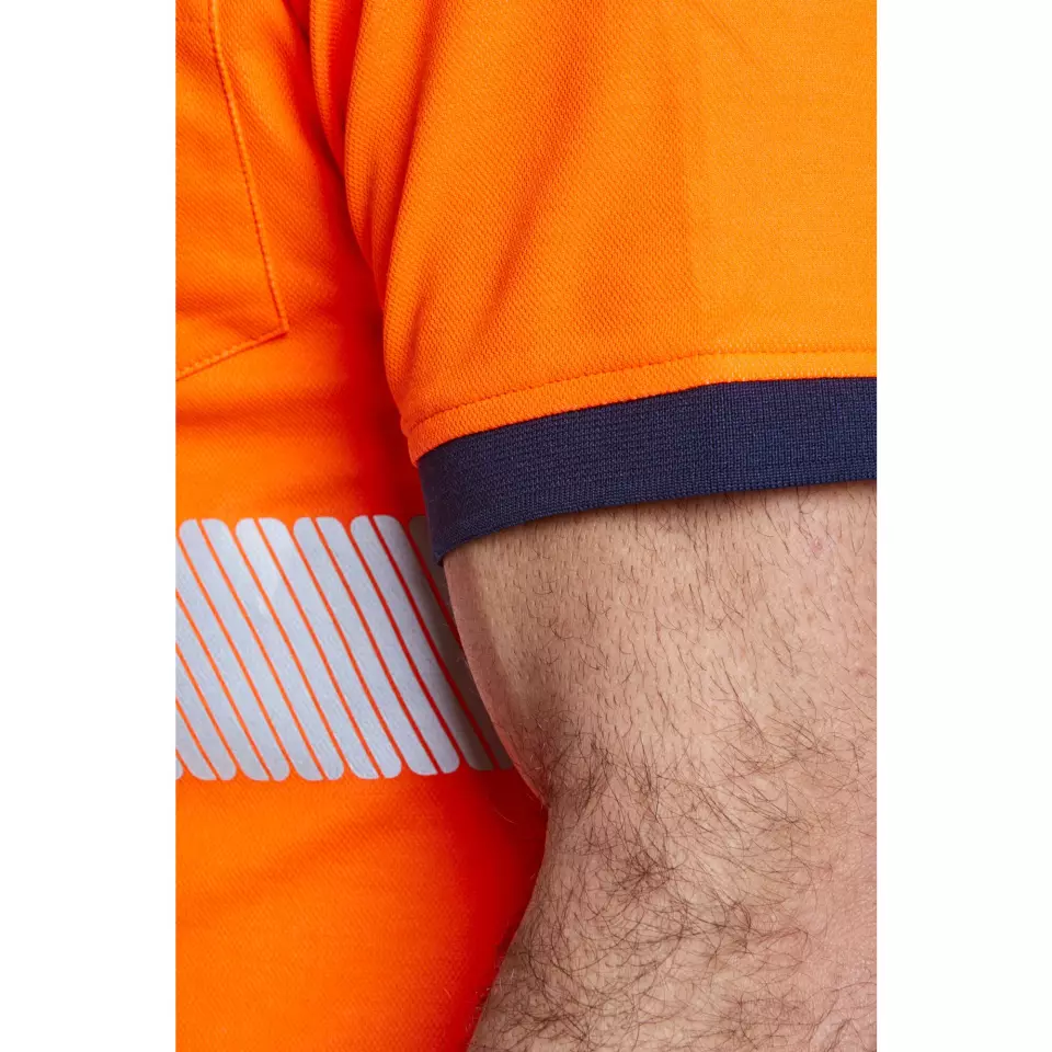 Portwest T180ONR, PW3 Hi-Vis Cotton Comfort Polo Shirt S/S, Orange/Navy, image 2, gallery thumbnail