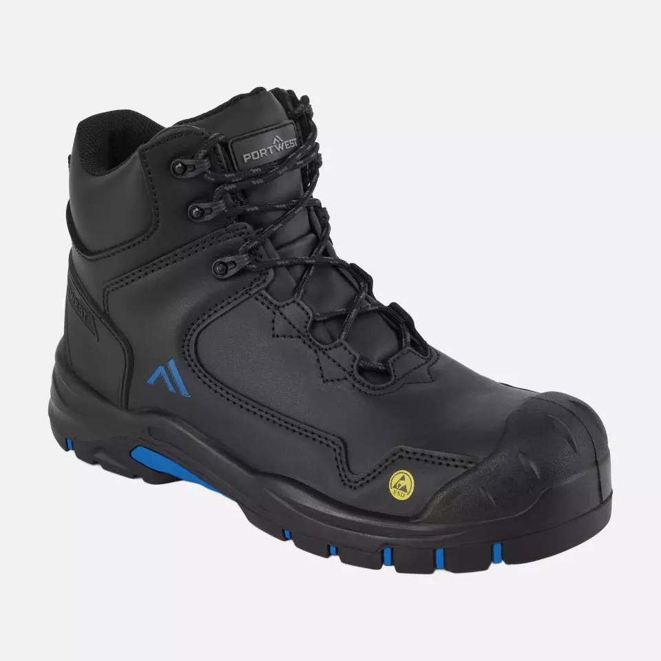 Portwest FC18BKB, Composite Action Leather Mid Boot S3S ESD HRO SR SC FO, Black/Blue, image 3, gallery thumbnail