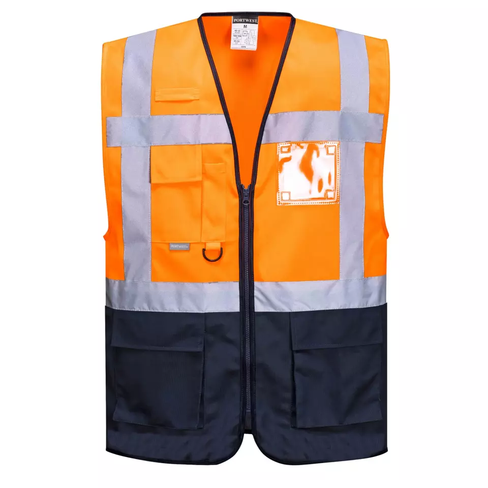 Portwest C476ONR, Warsaw Hi-Vis Contrast Executive Vest, Orange/Navy, image 1, gallery thumbnail