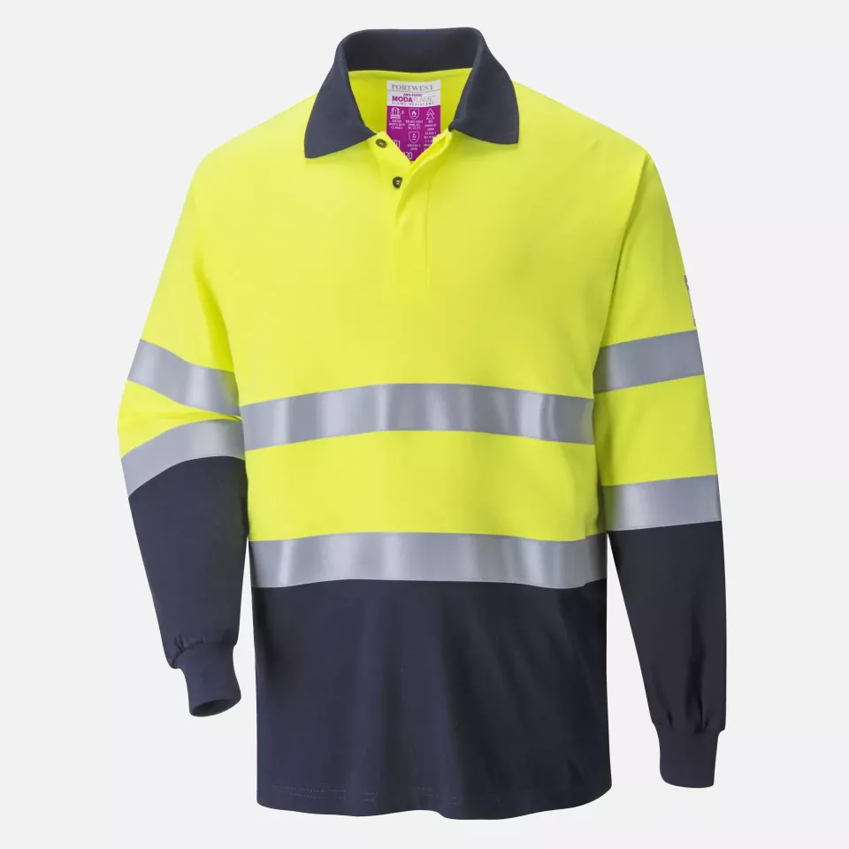 Portwest FR74YNR, FR Modaflame Anti-Static Two Tone Polo Shirt, Yellow/Navy, image 2, gallery thumbnail
