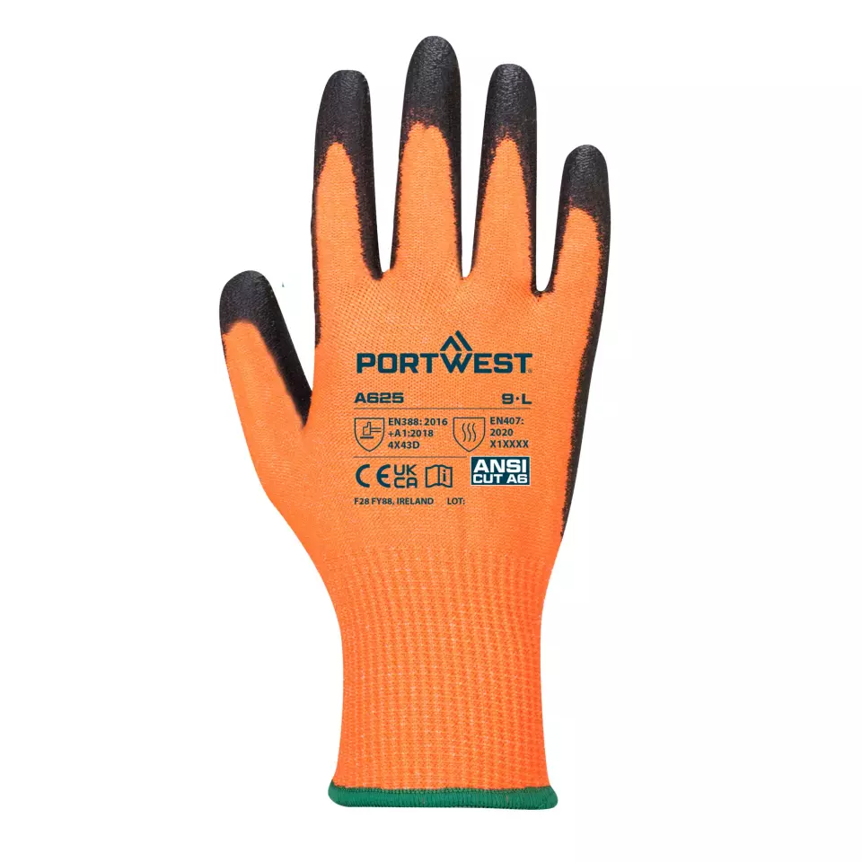 Portwest A625O8R, Cut D13 PU Viz-Tex Glove, Orange/Black, image 1, gallery thumbnail