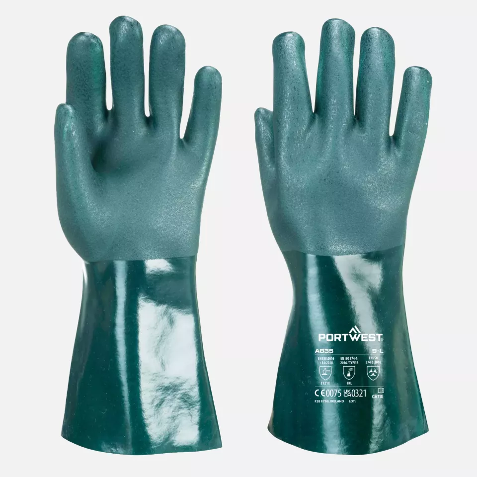 Portwest A835GNR, Double Dipped PVC Gauntlet 35cm, Green, image 2, gallery thumbnail