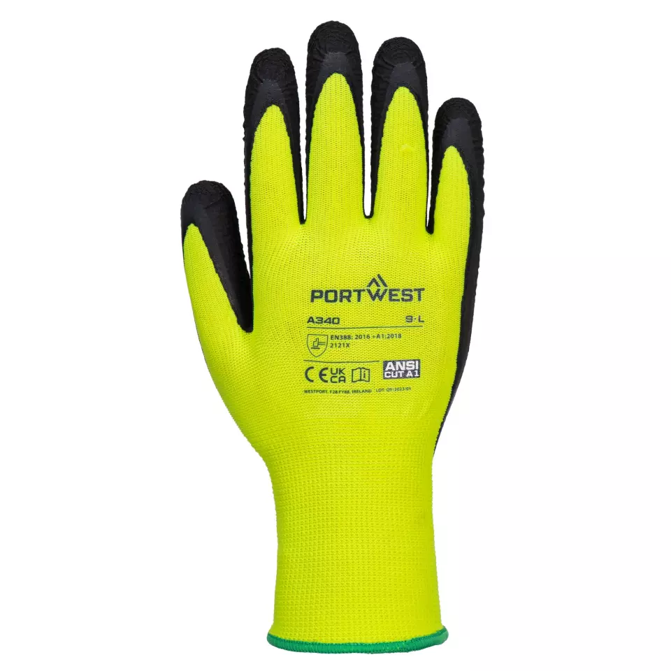 Portwest A340YER, Hi-Vis Grip Glove - Latex, Yellow, image 1, gallery thumbnail