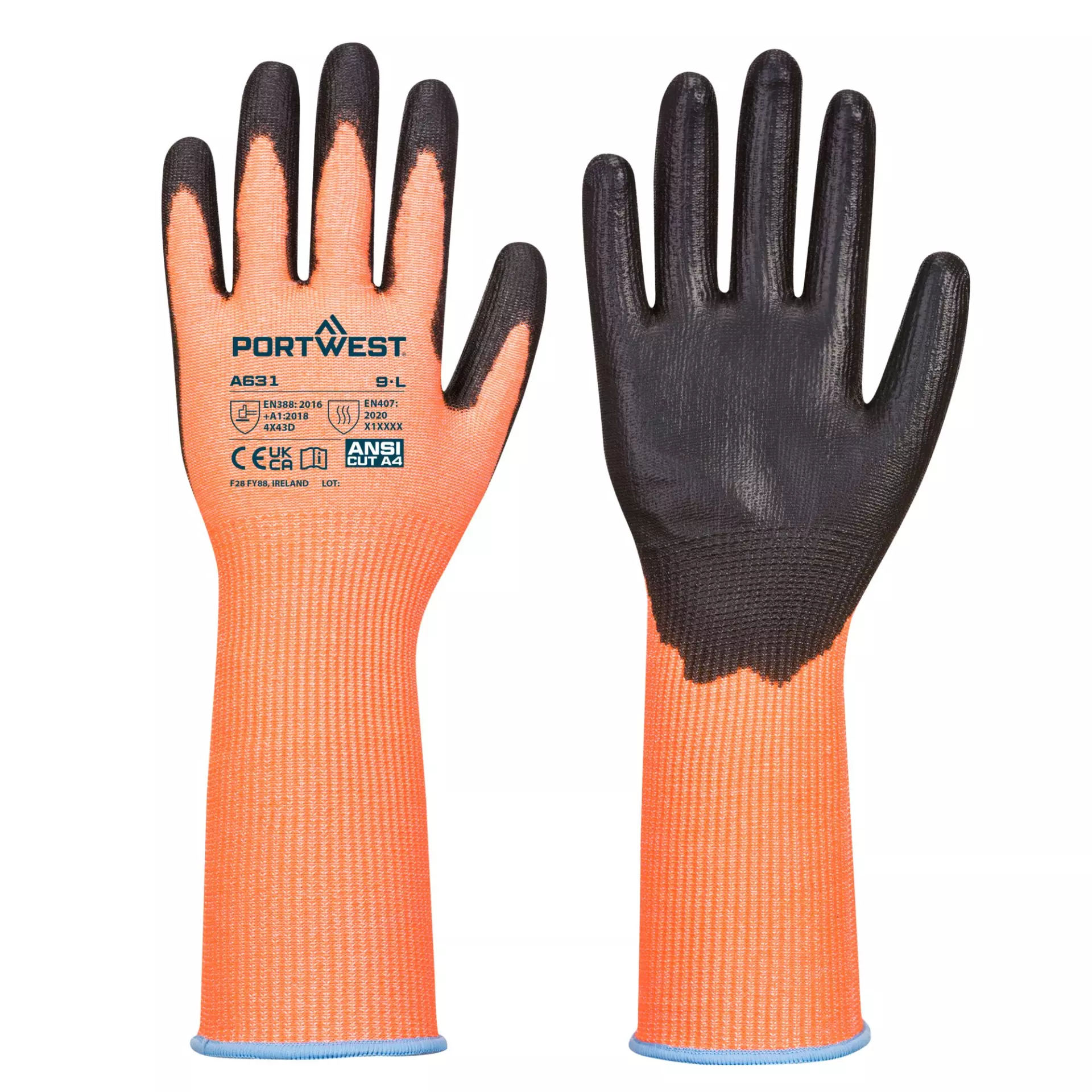 Portwest A631O8R, Vis-Tex Cut Glove Long Cuff, Orange/Black, image 3