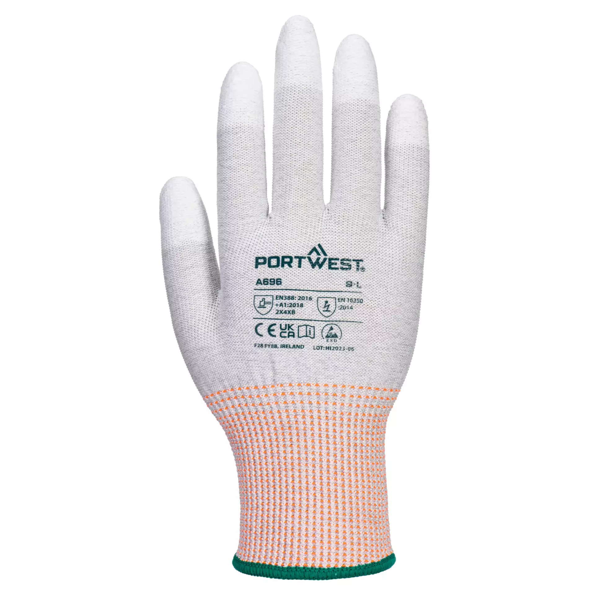 Portwest A696G6R, LR13 ESD PU Fingertip Cut Glove, Grey/White, image 1