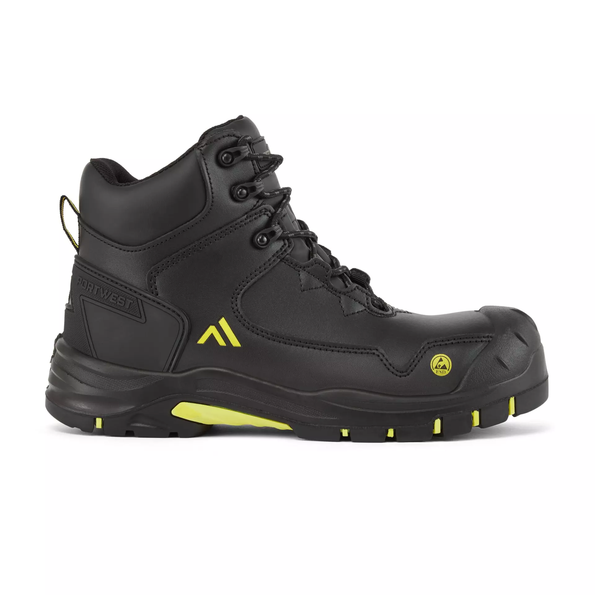 Portwest FC18BKY, Composite Action Leather Mid Boot S3S ESD HRO SR SC FO, Black/Yellow, image 1