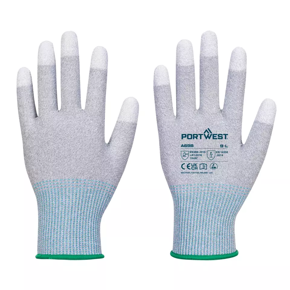 Portwest A698G6R, MR13 ESD PU Fingertip Glove, Grey/White, image 3, gallery thumbnail