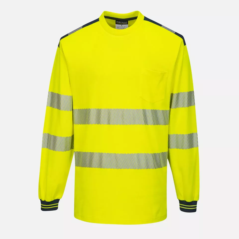 Portwest T185YNR, PW3 Hi-Vis Cotton Comfort T-Shirt L/S, Yellow/Navy, image 1, gallery thumbnail