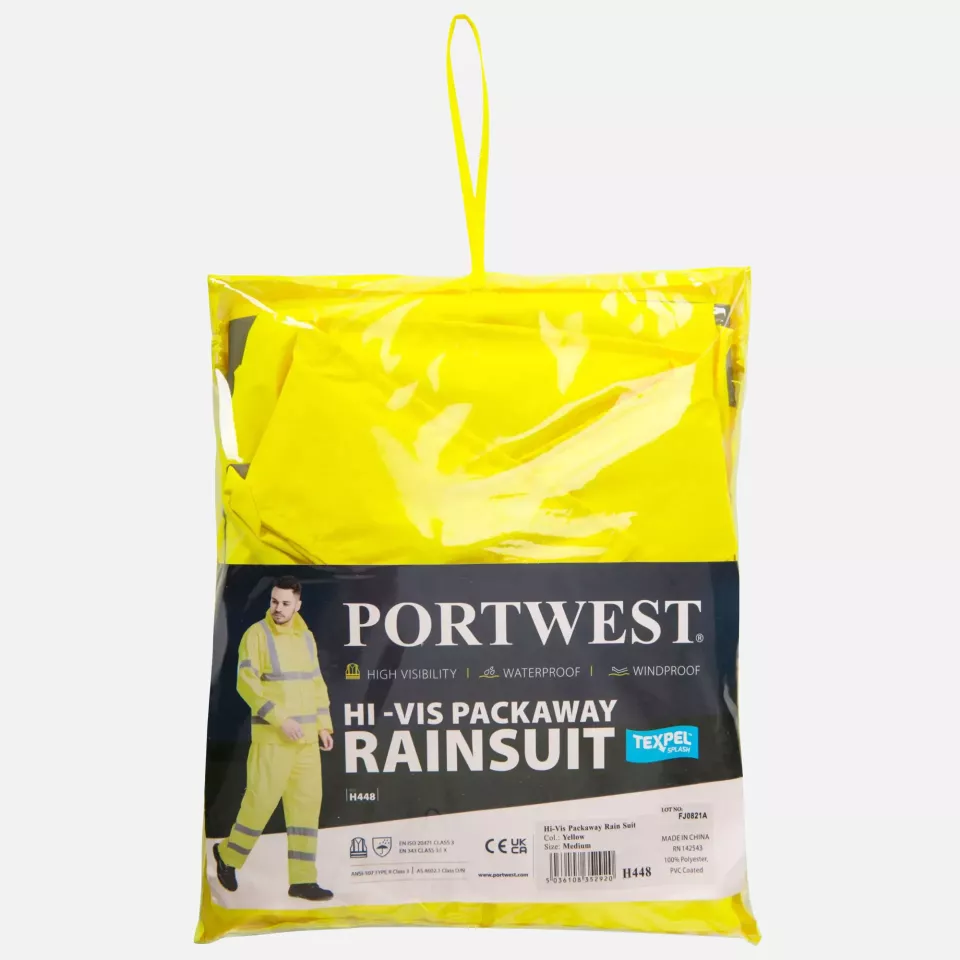 Portwest H448YER, Hi-Vis Packaway Rain Suit, Yellow, image 4, gallery thumbnail