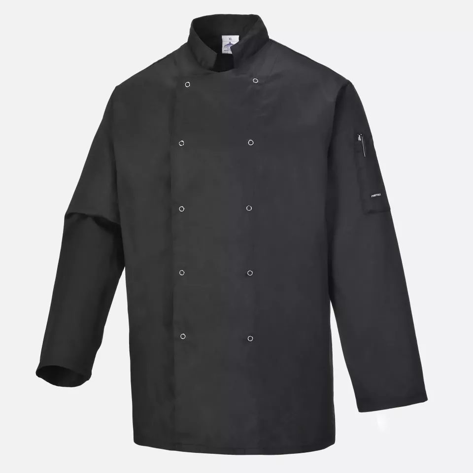 Portwest C833BKR, Chef's Suffolk Studded Jacket L/S, Black, image 1, gallery thumbnail