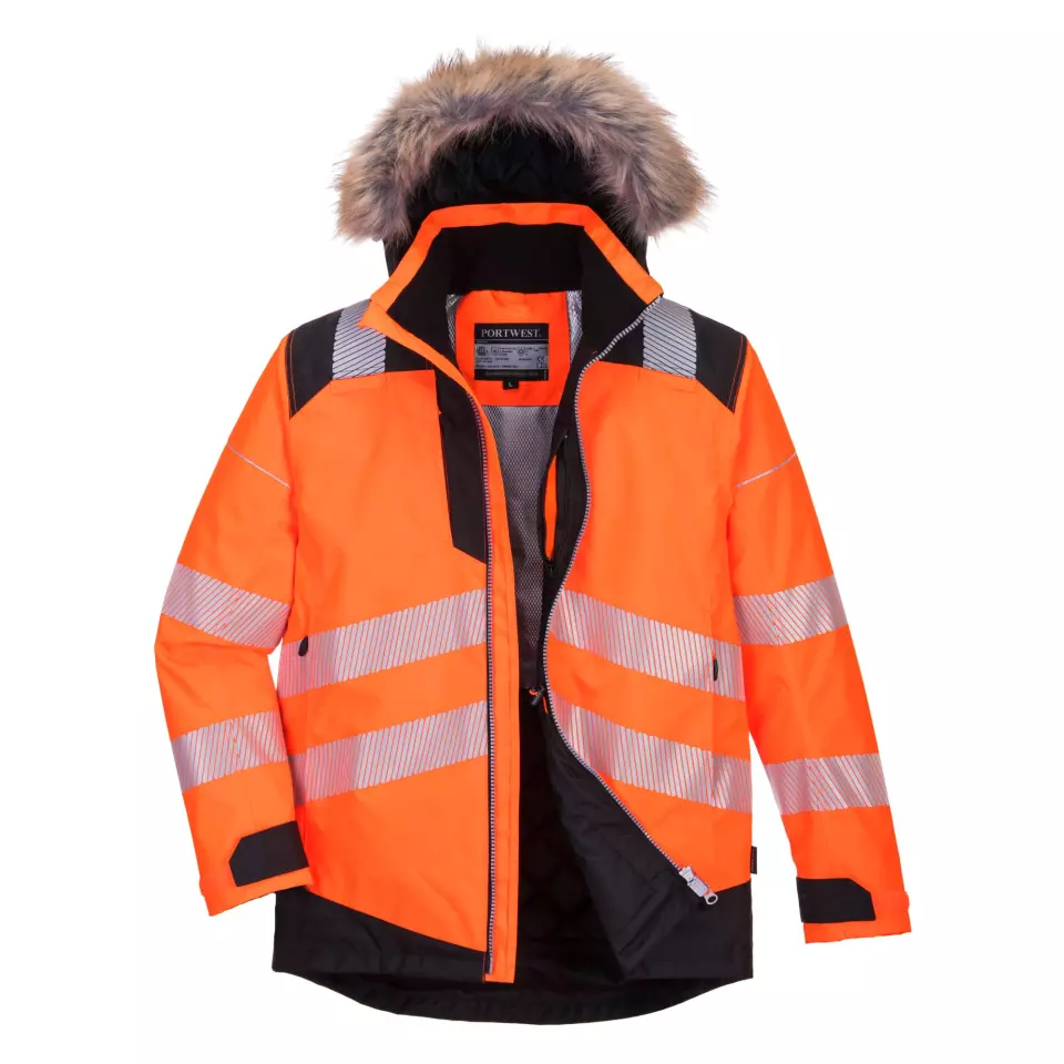 Portwest PW369OBR, PW3 Hi-Vis Winter Parka Jacket, Orange/Black, image 3, gallery thumbnail
