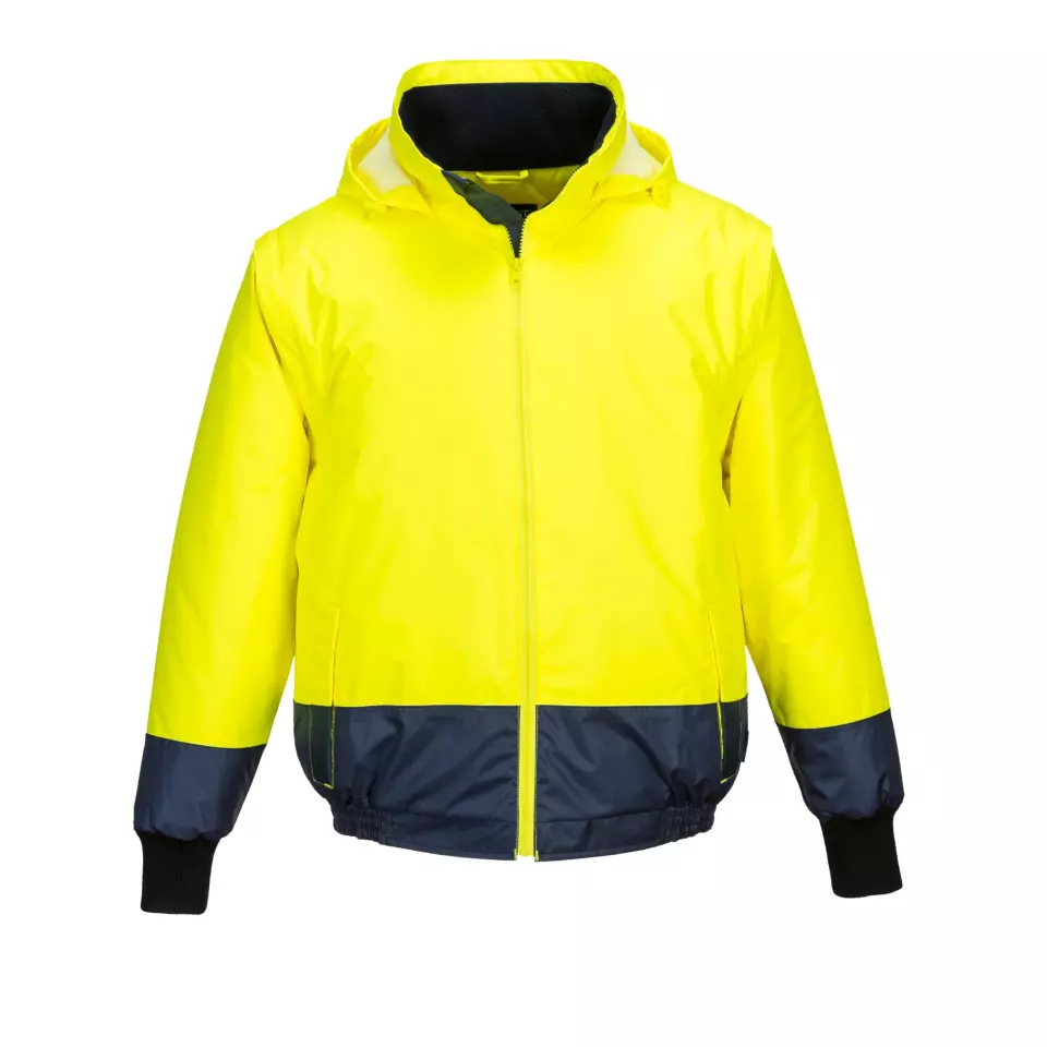 Portwest C464YNR, Hi-Vis 2-in-1 Contrast Essential Lite Bomber Jacket, Yellow/Navy, image 2, gallery thumbnail