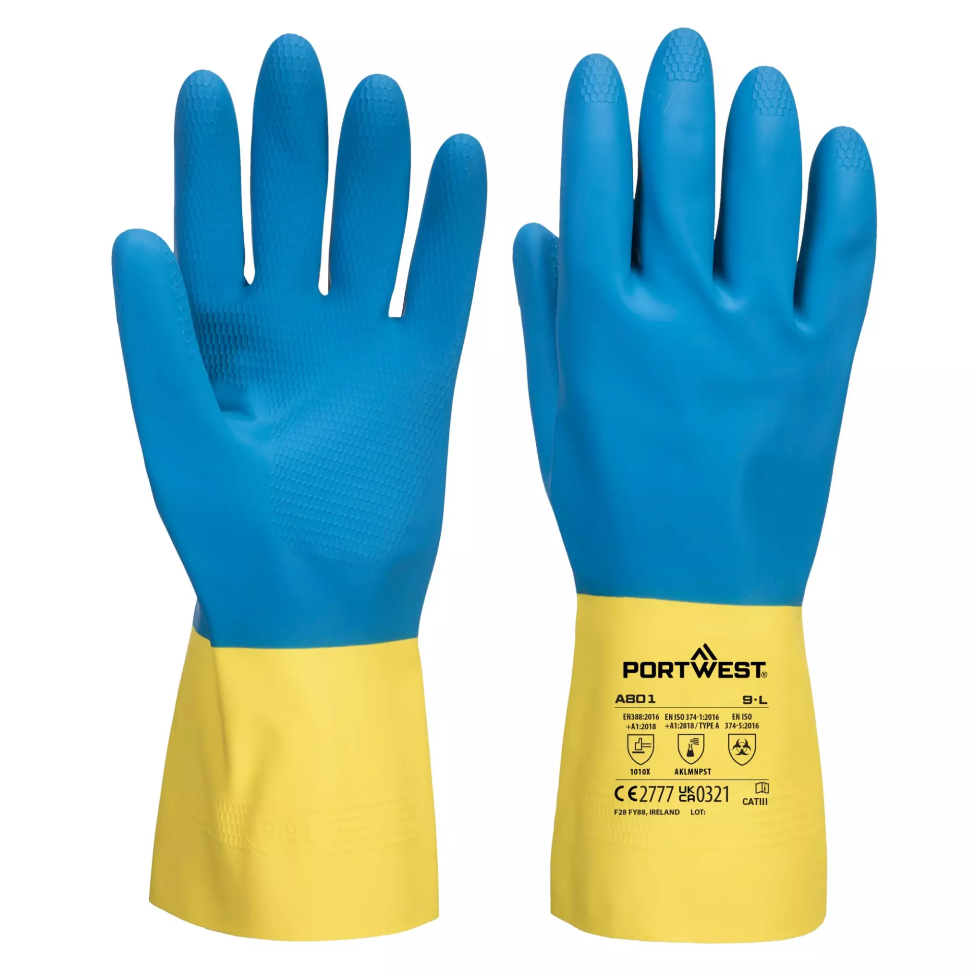 Portwest A801Y4R, Double Dipped Latex Gauntlet, Yellow/Blue, image 3