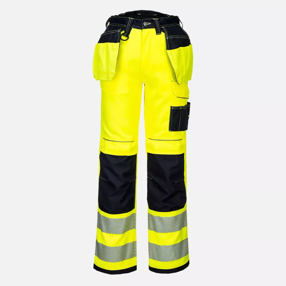 Portwest T501YBR, PW3 Hi-Vis Holster Pocket Work Trousers, Yellow/Black, image 1, gallery thumbnail