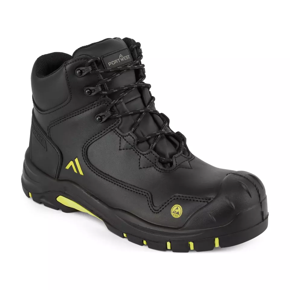 Portwest FC18BKY, Composite Action Leather Mid Boot S3S ESD HRO SR SC FO, Black/Yellow, image 5, gallery thumbnail