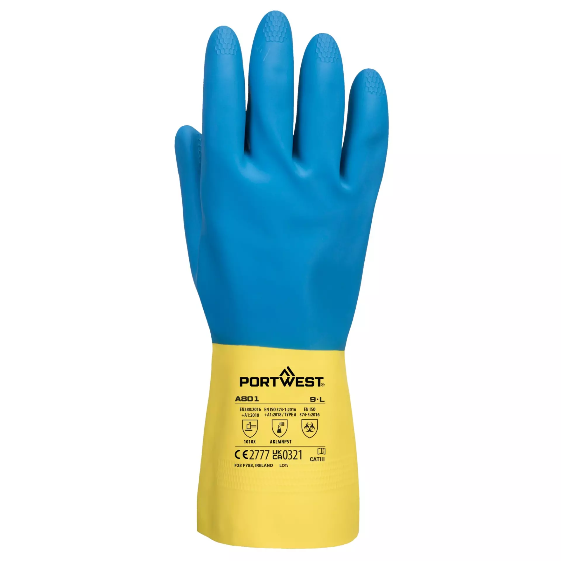 Portwest A801Y4R, Double Dipped Latex Gauntlet, Yellow/Blue, image 1
