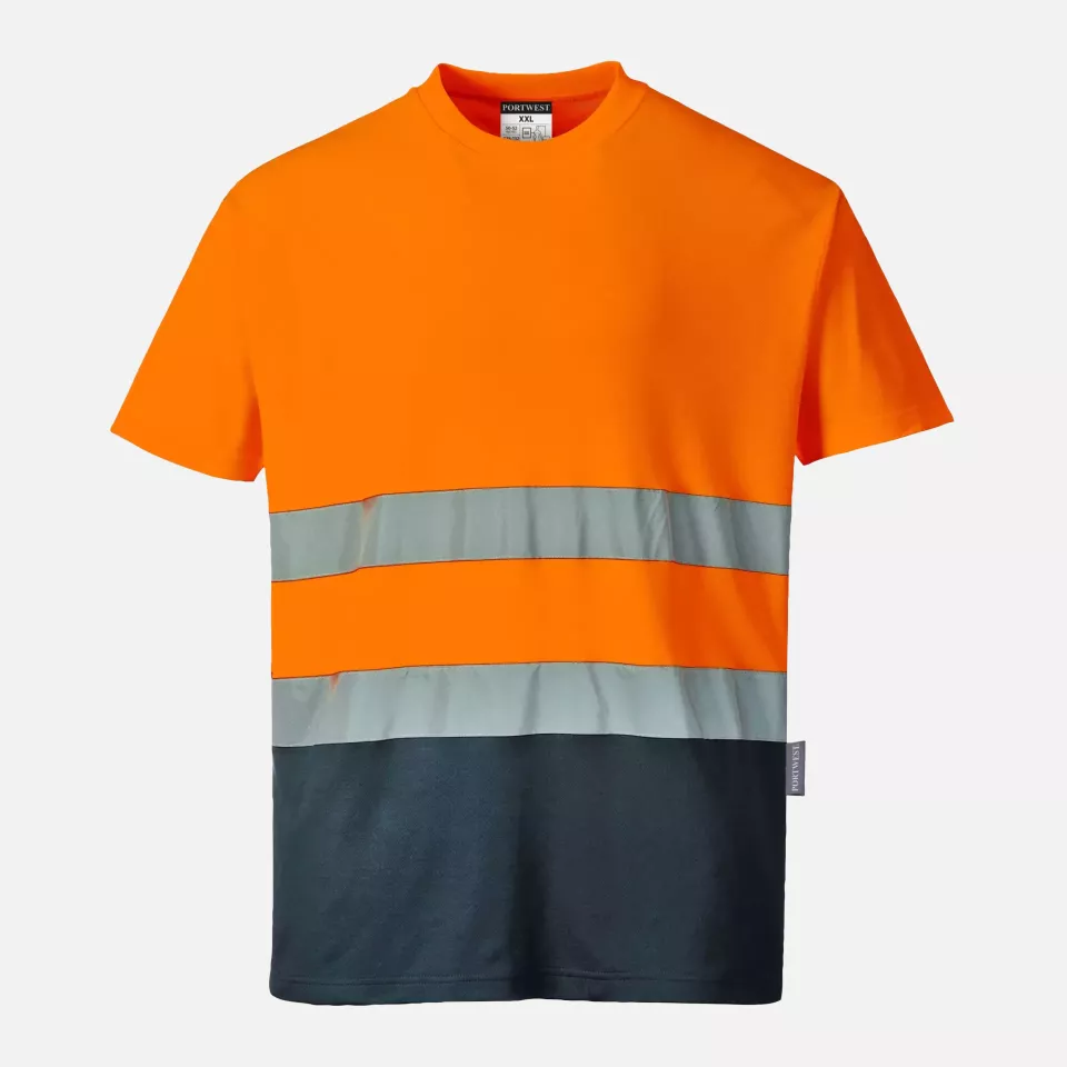 Portwest S173ONR, Hi-Vis Cotton Comfort Contrast T-Shirt S/S, Orange/Navy, image 1, gallery thumbnail