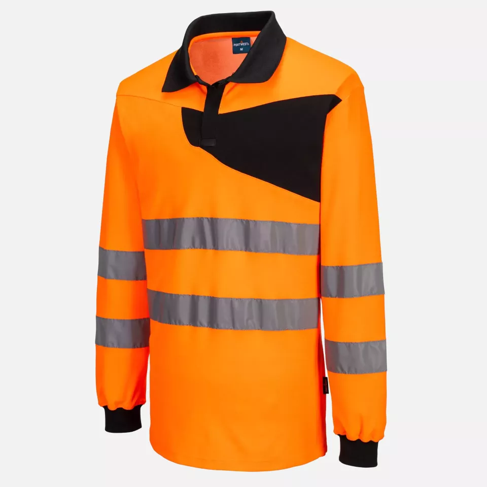 Portwest PW220OBR, PW2 Hi-Vis Polo Shirt L/S, Orange/Black, image 3, gallery thumbnail
