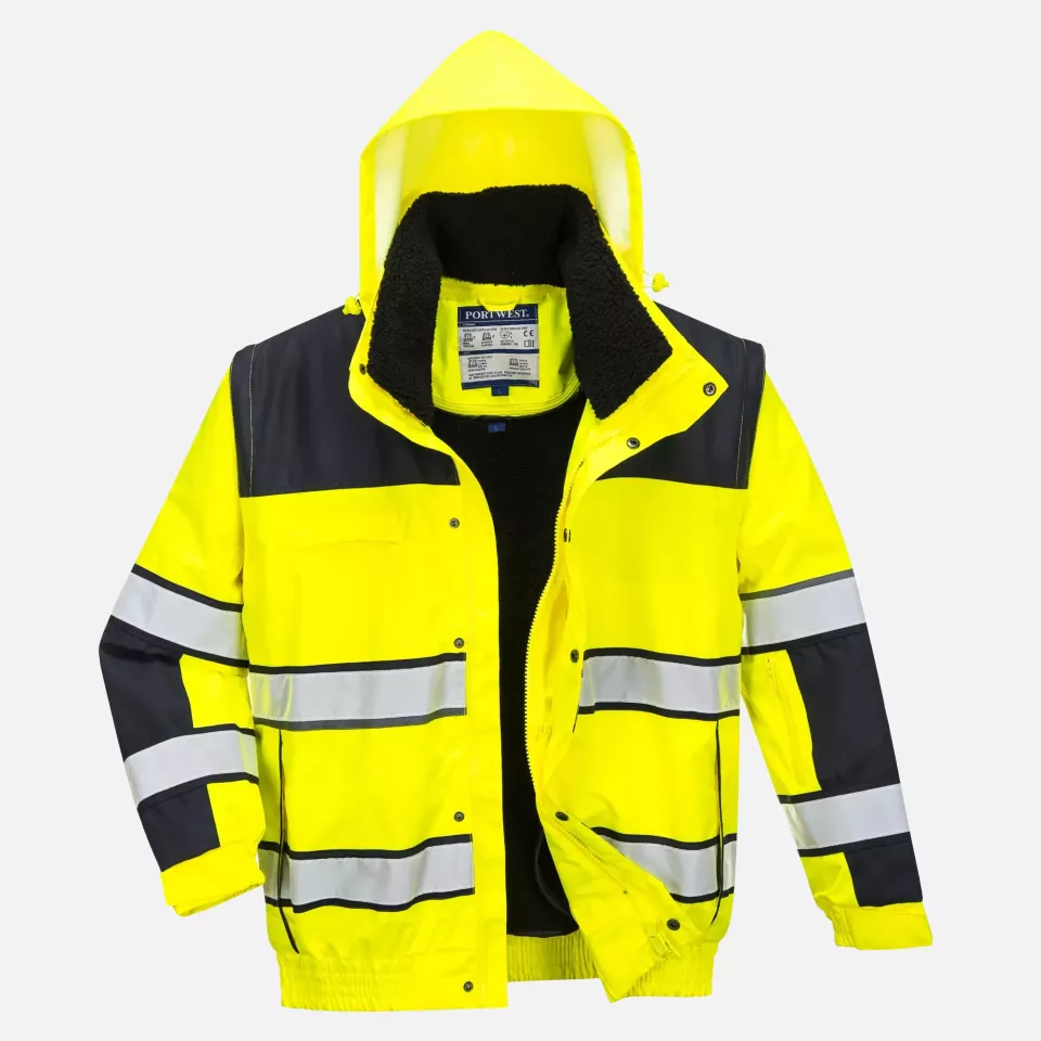 Portwest C466YBR, Hi-Vis 3-in-1 Contrast Winter Bomber Jacket, Yellow/Black, image 1, gallery thumbnail