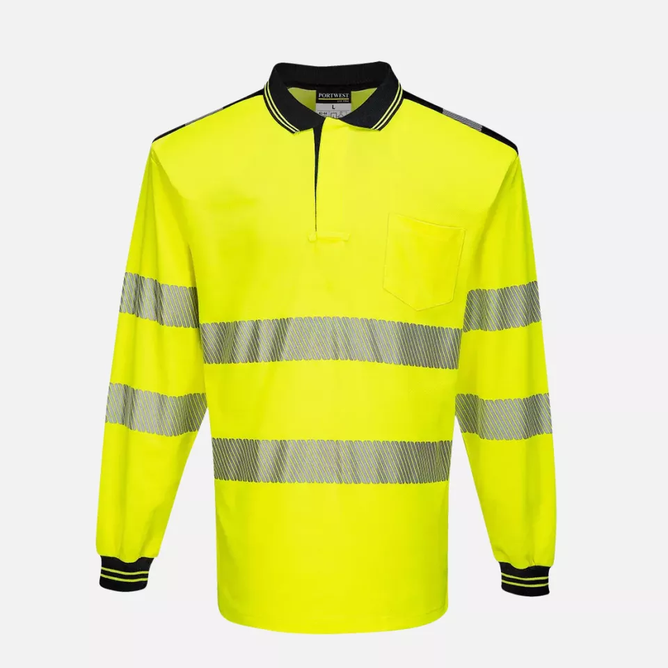 Portwest T184YBR, PW3 Hi-Vis Cotton Comfort Polo Shirt L/S, Yellow/Black, image 1, gallery thumbnail