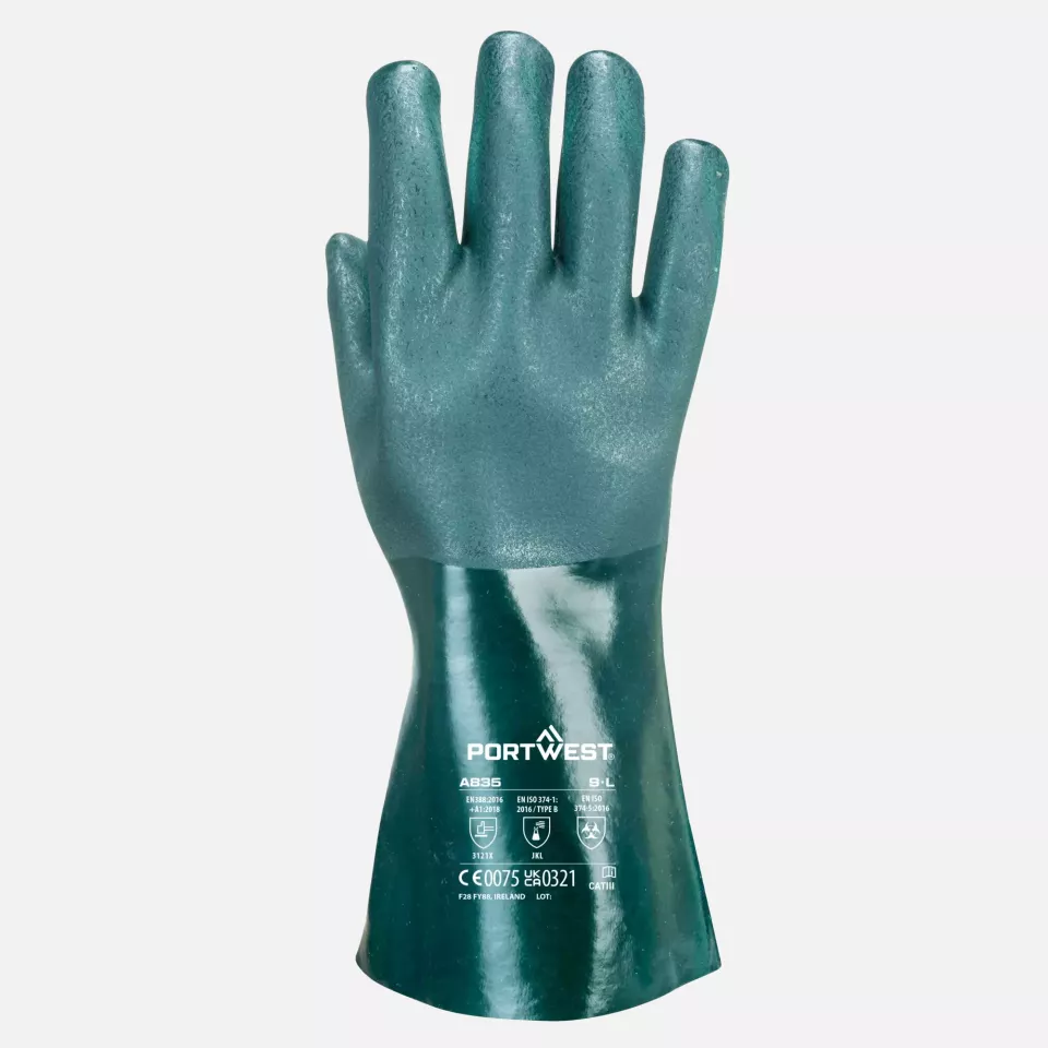 Portwest A835GNR, Double Dipped PVC Gauntlet 35cm, Green, image 1, gallery thumbnail