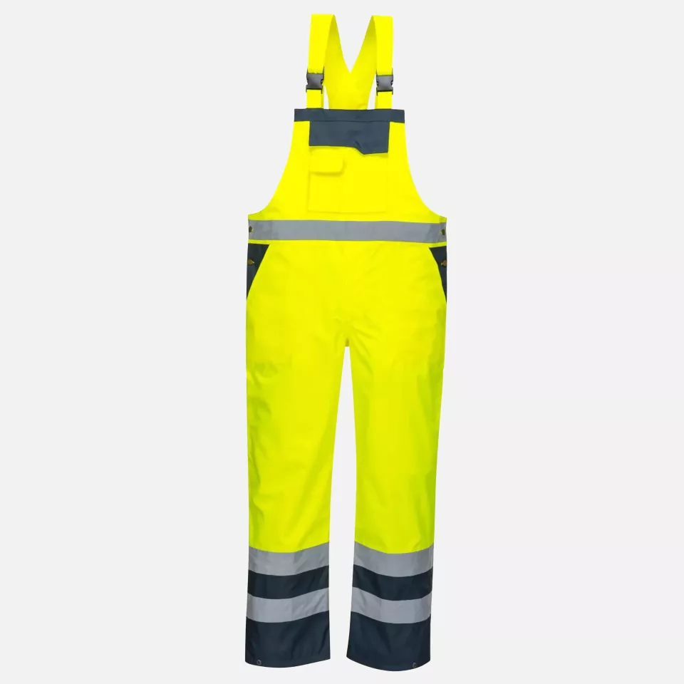 Portwest S488YNR, Hi-Vis Breathable Contrast Rain Bib and Brace, Yellow/Navy, image 1, gallery thumbnail