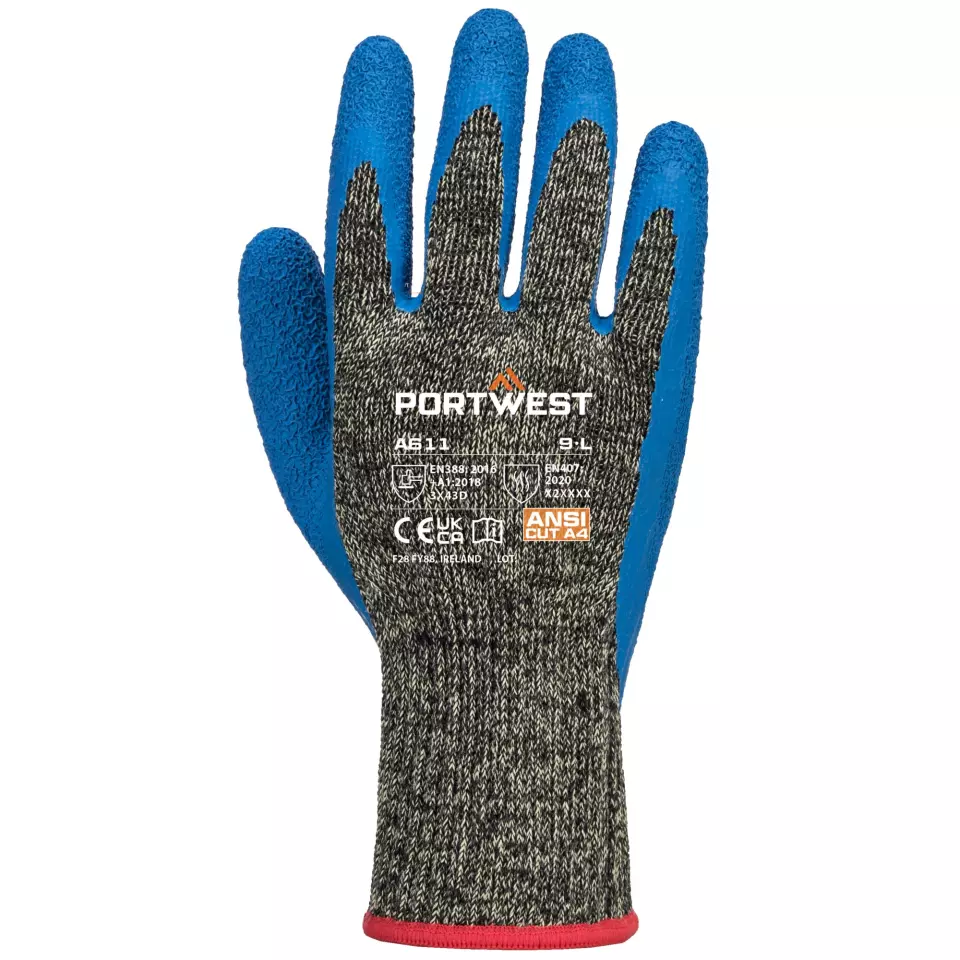 Portwest A611K4R, Aramid HR Cut Latex Glove, Black/Blue, image 1, gallery thumbnail