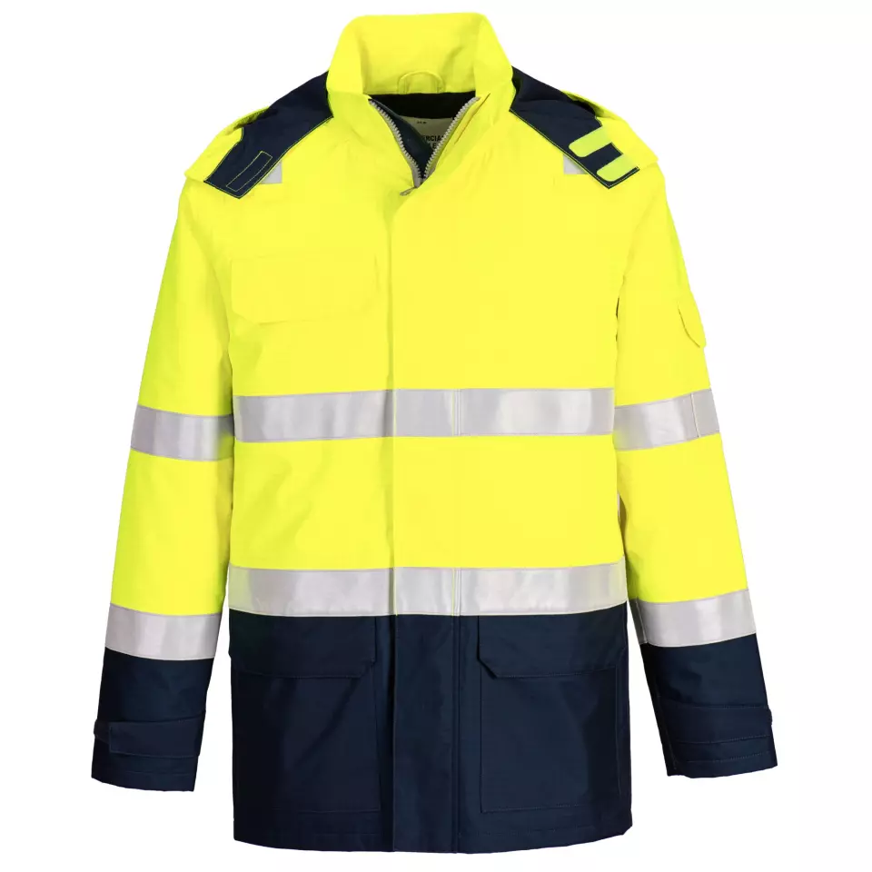 Portwest FR605YNR, Bizflame Rain+ Hi-Vis Light Arc FR Jacket, Yellow/Navy, image 1, gallery thumbnail