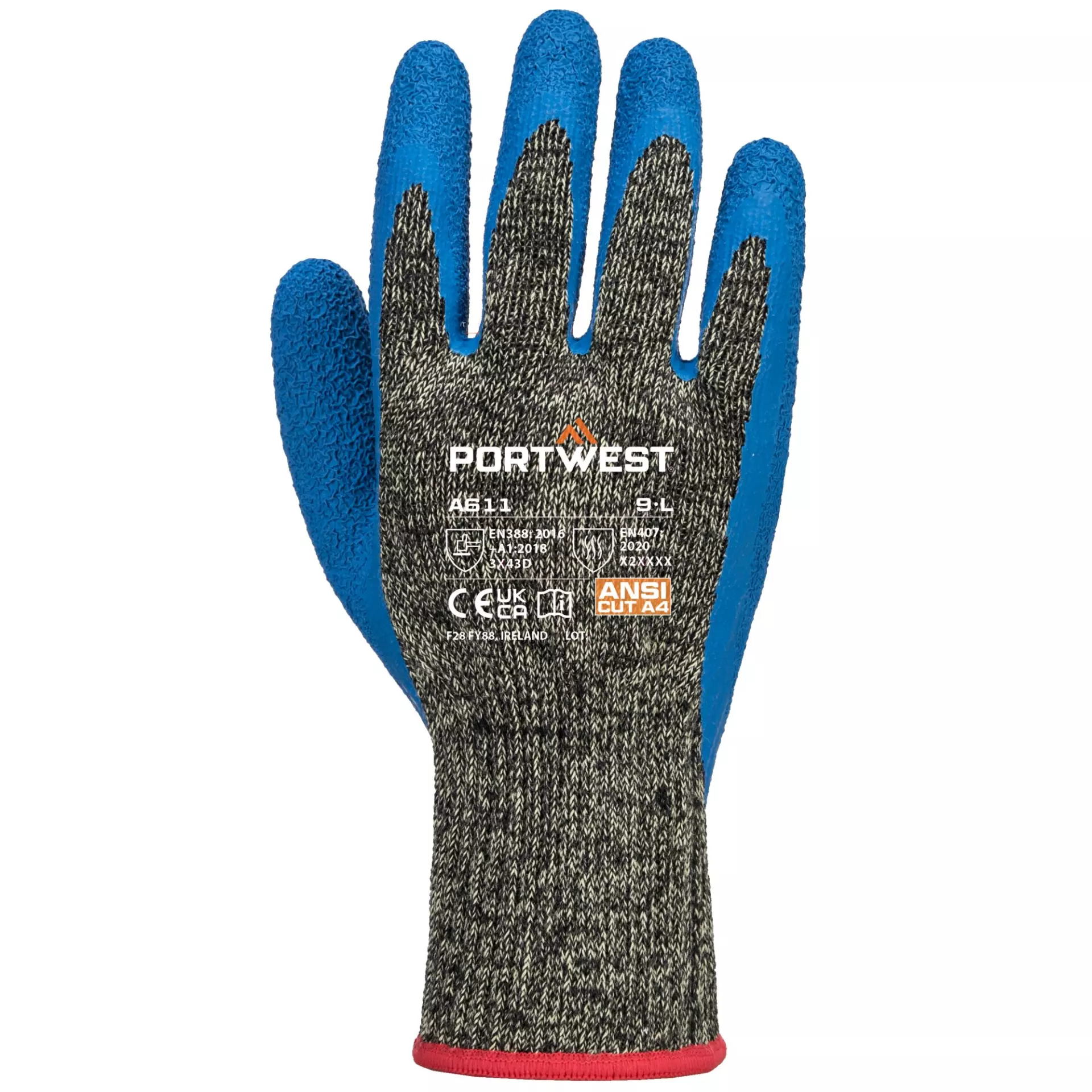 Portwest A611K4R, Aramid HR Cut Latex Glove, Black/Blue