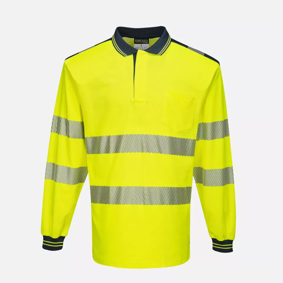 Portwest T184YNR, PW3 Hi-Vis Cotton Comfort Langarm Poloshirt, Gelb/Marine, image 1, gallery thumbnail