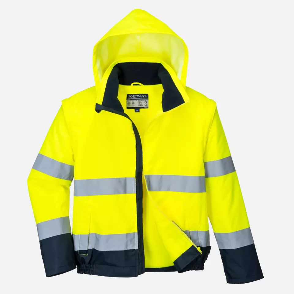 Portwest C464YNR, Hi-Vis 2-in-1 Contrast Essential Lite Bomber Jacket, Yellow/Navy, image 8, gallery thumbnail