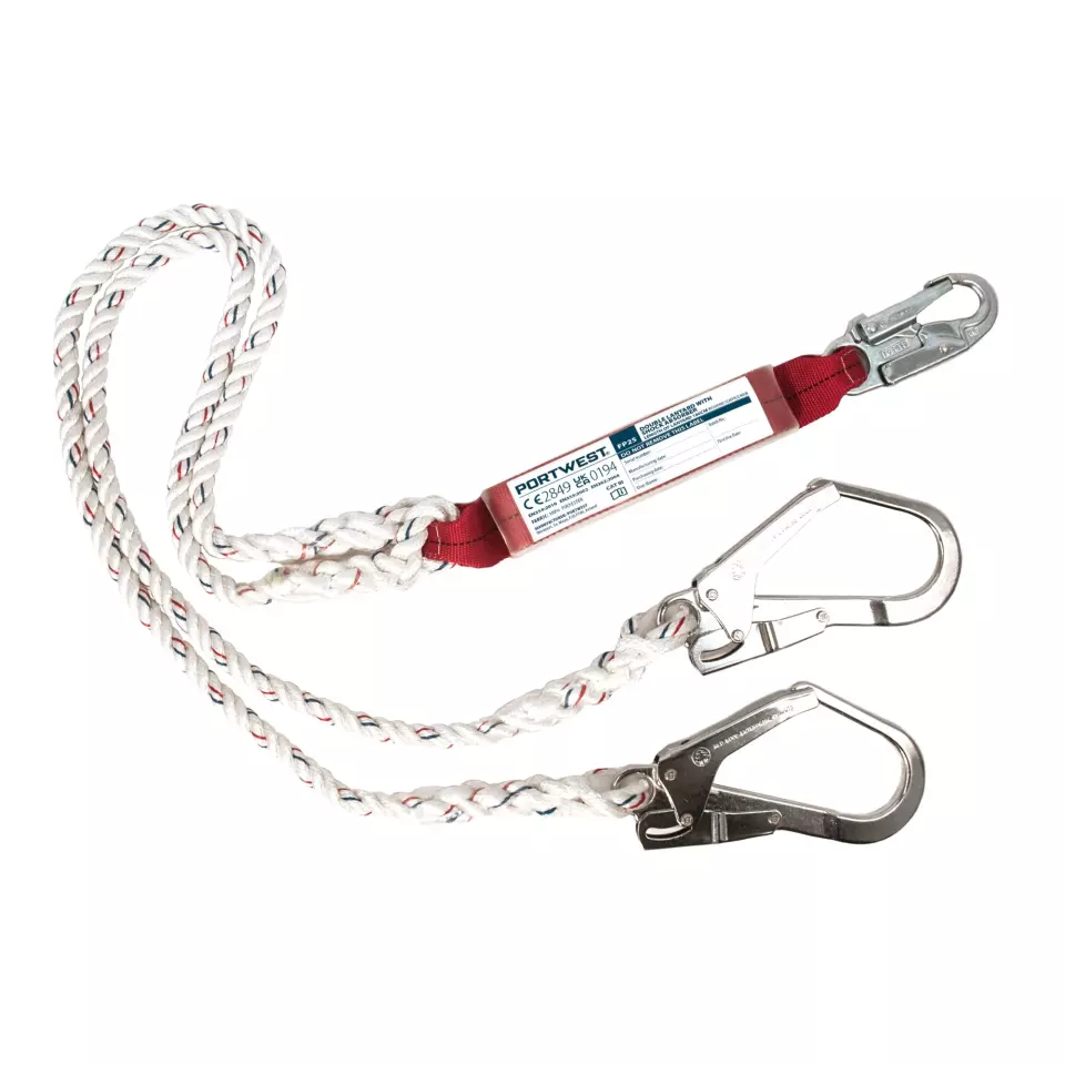 Portwest FP25WHR, Double 1.8m Lanyard With Shock Absorber, White, image 1, gallery thumbnail
