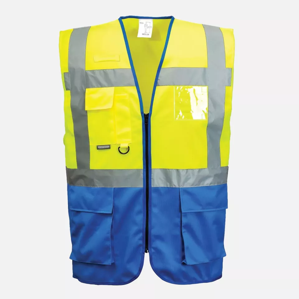 Portwest C476YRB, Warsaw Hi-Vis Contrast Executive Vest, Yellow/Royal, image 1, gallery thumbnail