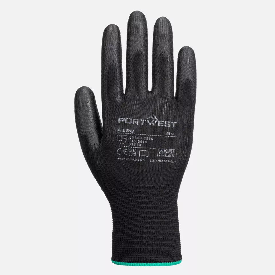 Portwest A128K8R, PU Palm Glove Latex Free (Retail Pack), Black, image 1, gallery thumbnail