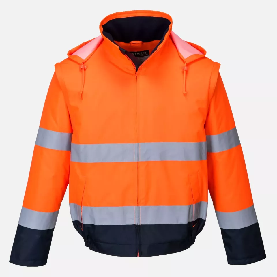 Portwest C464ONR, Hi-Vis 2-in-1 Contrast Essential Lite Bomber Jacket, Orange/Navy, image 1, gallery thumbnail