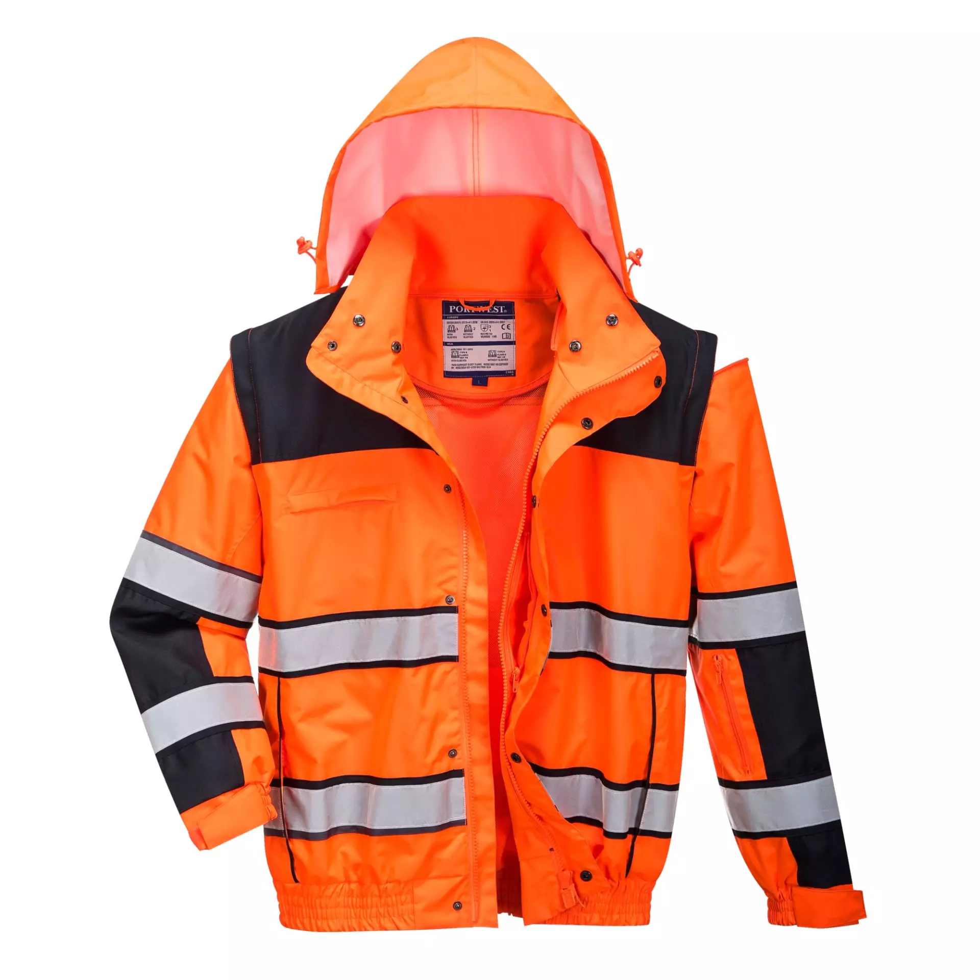 Portwest C466OBR, Hi-Vis 3-in-1 Contrast Winter Bomber Jacket, Orange/Black, image 5