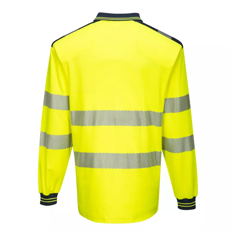 Portwest T184YNR, PW3 Hi-Vis Cotton Comfort Polo Shirt L/S, Yellow/Navy, image 2, gallery thumbnail