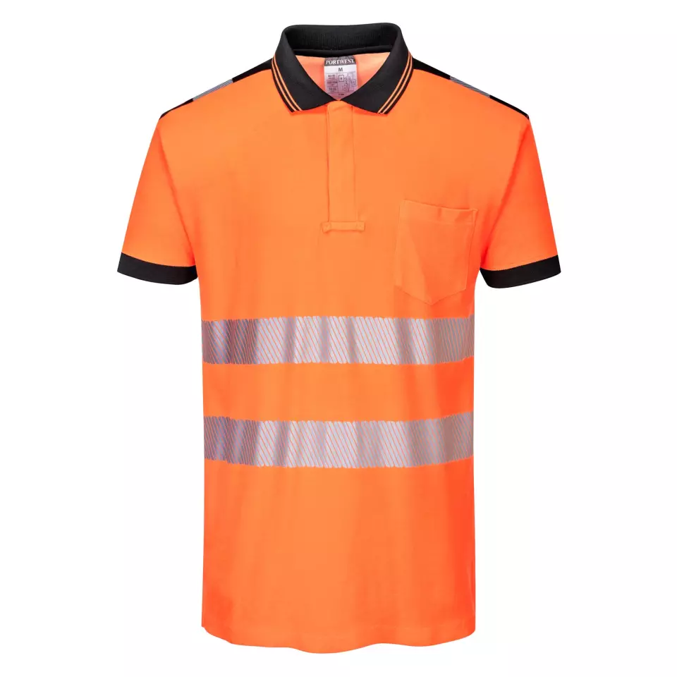 Portwest T180OBR, PW3 Hi-Vis Cotton Comfort Polo Shirt S/S, Orange/Black, image 1, gallery thumbnail