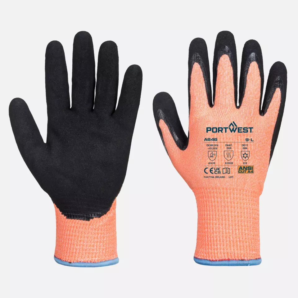 Portwest A646O8R, Vis-Tex Winter Cut D13 Nitrile Glove, Orange/Black, image 3, gallery thumbnail