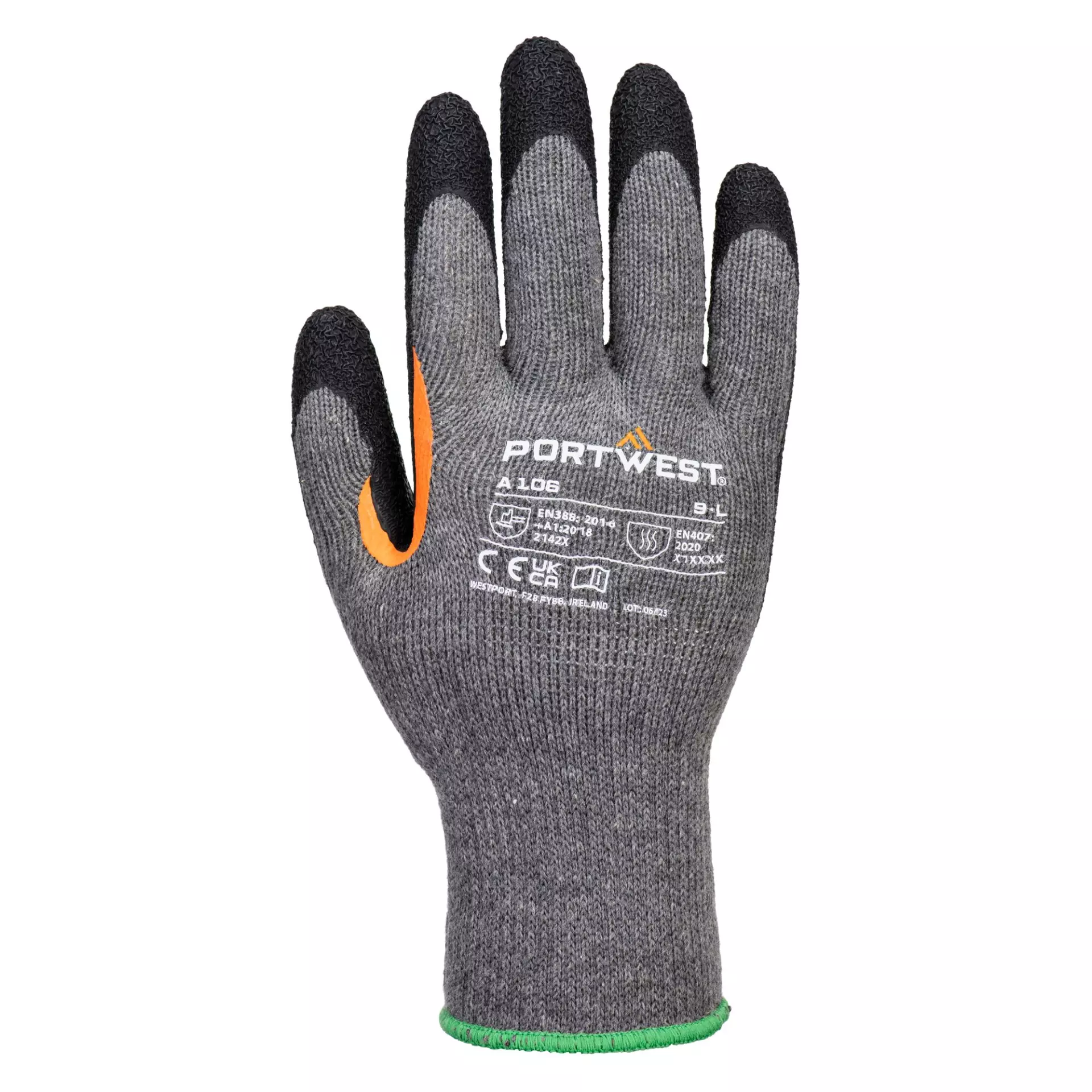 Portwest A106G8R, Grip 10 Latex Reinforced Thumb Glove, Grey/Black