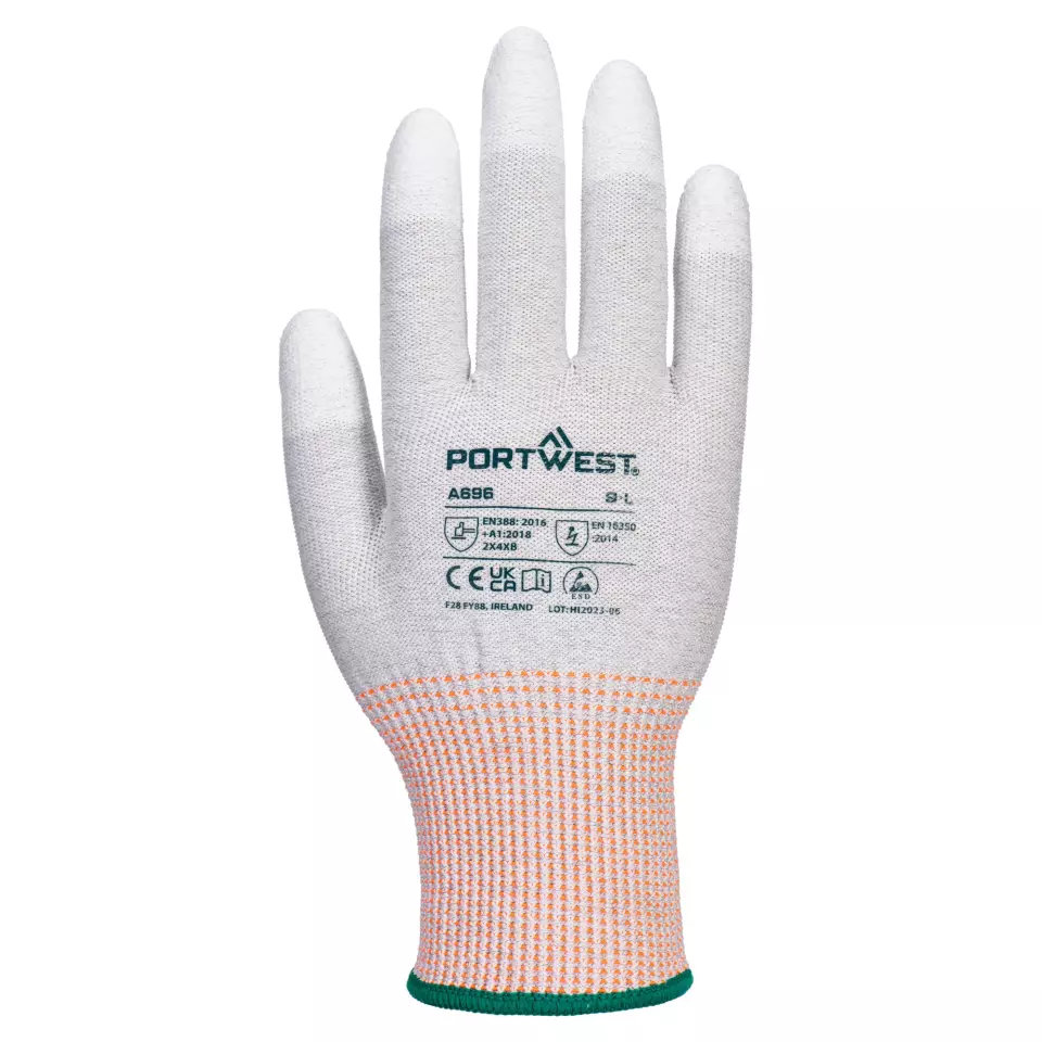 Portwest A696G6R, LR13 ESD PU Fingertip Cut Glove, Grey/White, image 1, gallery thumbnail