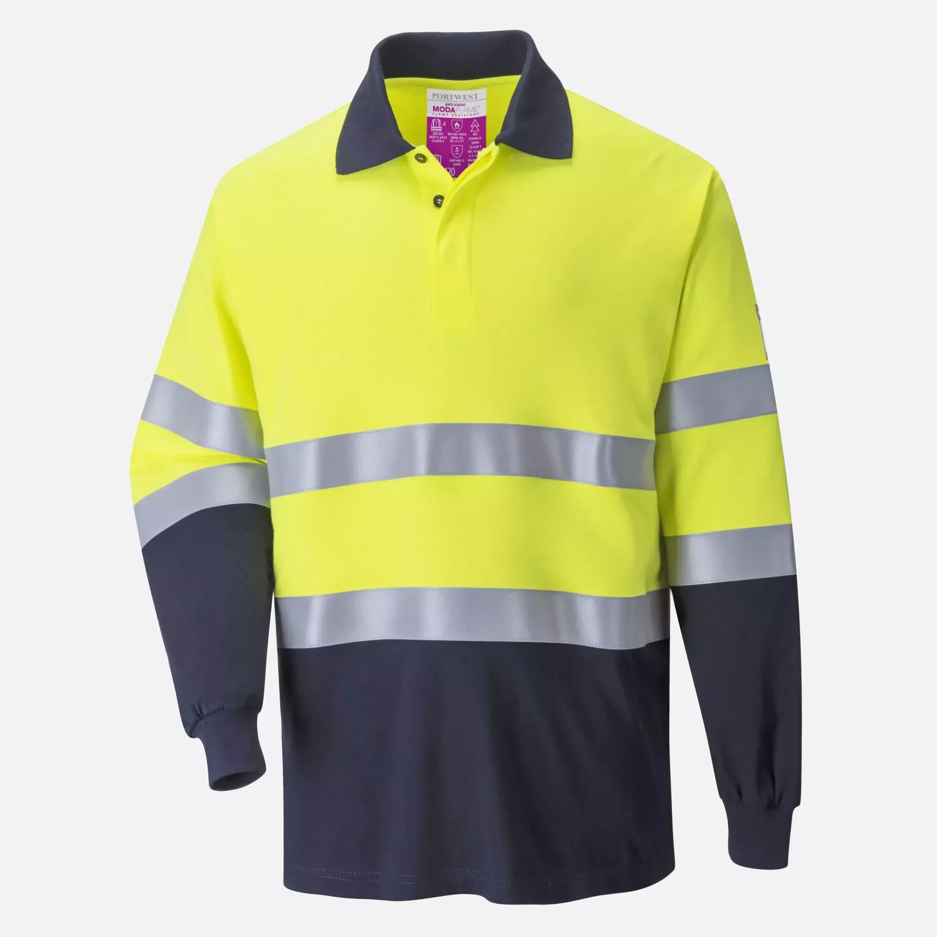 Portwest FR74YNR, FR Modaflame Anti-Static Two Tone Polo Shirt, Yellow/Navy, image 2